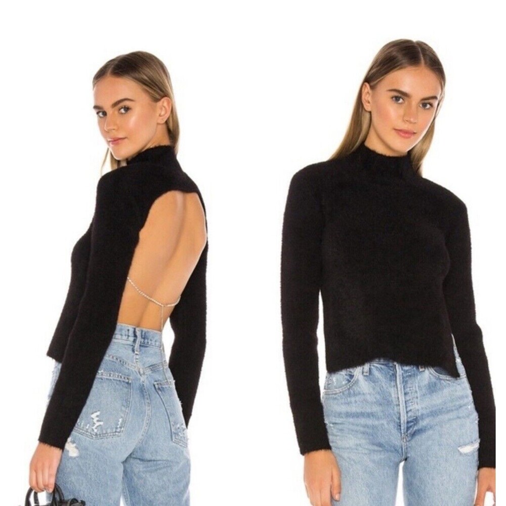 H:our Revolve Mock Neck Open Back Black Sweater With‎ Rhinestone Chain Size XS